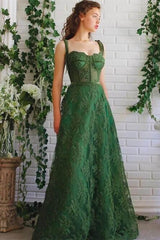 Emerald Green Strapless Spaghetti Strap Evening Dress with Applique A Line