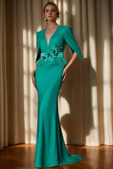 Evening Dresses with V Neck and 3/4 Sleeves Featuring Embroidery Belt & Feather in Trumpet Mermaid Style