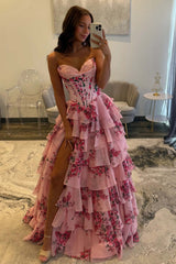 A Line Tiered Prom Dress Blush Sweetheart Corset Floral Long Formal Dress