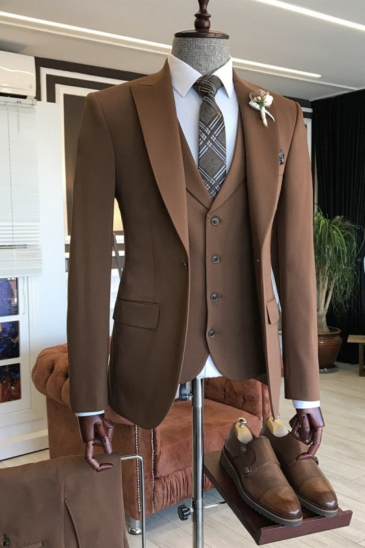 Fancy Brown Peaked Lapel 3 Piece Men's Business Suit