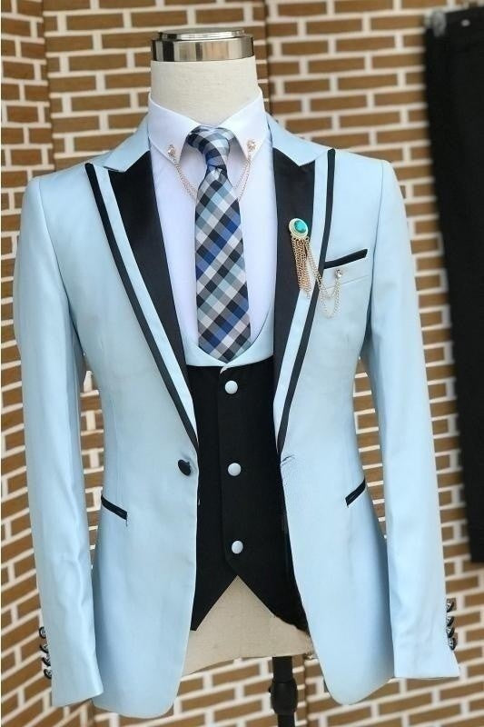 Fancy Light Blue 3 Piece Prom Suit with Black Lapel