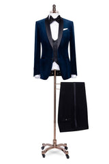 Fancy Navy Blue Shawl Lapel 3 Piece Velvet Wedding Suit