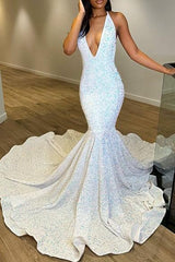 Fantasy White Sleeveless V Neck Halter Evening Dress with Sequins