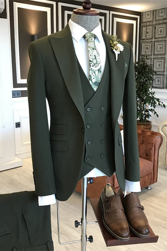 Fashion Dark Green Peaked Lapel Close Fitting Prom Suit