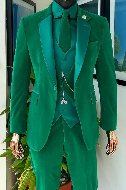 Fashion Green Velvet Notched Lapel 3 Piece Prom Suit