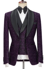 Fashion Purple Sequins Shawl Lapel 3 Piece Wedding Suit