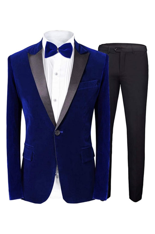 Fashion Royal Blue Peaked Lapel 2 Piece Velvet Prom Suit for Men