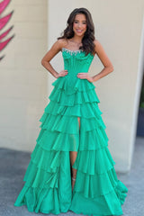 Fashionable A Line Strapless Hot Pink Corset Prom Dress With Beading Ruffles Formal Evening Gown