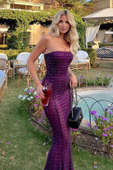 Fashionable Mermaid Spaghetti Straps Purple Long Prom Dress With Beading Formal Evening Gown