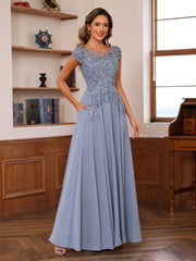 Long A Line Mother of the Bride Dress with Scoop Neck and Short Sleeves Featuring Appliques