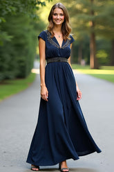 Floor Length Beaded Navy Wedding Guest Dress A Line Formal Dress With Cape Sleeves
