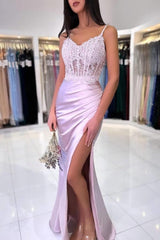 Floor Length Mermaid Spaghetti Straps Lace Formal Dress With Slit