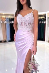 Floor Length Mermaid Spaghetti Straps Lace Formal Dress With Slit