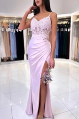Floor Length Mermaid Spaghetti Straps Lace Formal Dress With Slit