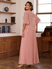 Long V Neck Mother of the Bride A Line Dress with Appliques & Wrap in 2 Pics