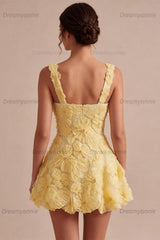 Floral A Line Beaded Light Yellow Bubble Short Homecoming Dress