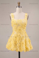 Floral A Line Beaded Light Yellow Bubble Short Homecoming Dress