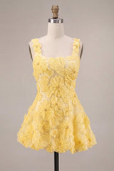 Floral A Line Beaded Light Yellow Bubble Short Homecoming Dress