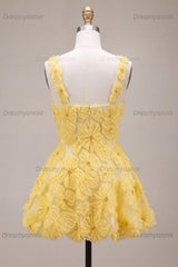 Floral A Line Beaded Light Yellow Bubble Short Homecoming Dress