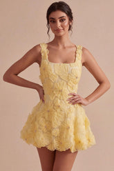 Floral A Line Beaded Light Yellow Bubble Short Homecoming Dress