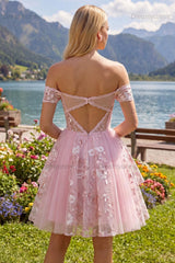 Pink Floral Off-the-Shoulder A-Line Corset Short Homecoming Dress