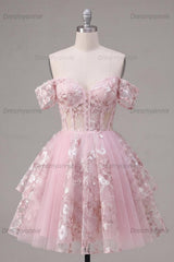 Pink Floral Off-the-Shoulder A-Line Corset Short Homecoming Dress