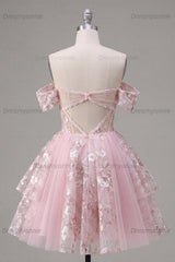 Pink Floral Off-the-Shoulder A-Line Corset Short Homecoming Dress