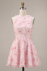 Floral Beaded Pink A Line Round Neck Short Homecoming Dress