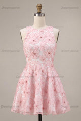 Floral Beaded Pink A Line Round Neck Short Homecoming Dress