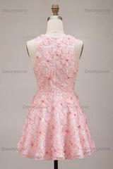 Floral Beaded Pink A Line Round Neck Short Homecoming Dress