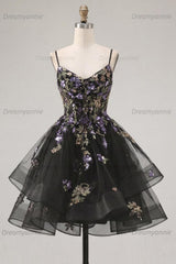 Floral Black A-Line Ruffled Short Corset Homecoming Dress