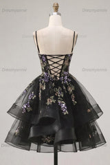 Floral Black A-Line Ruffled Short Corset Homecoming Dress