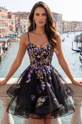 Floral Black A-Line Ruffled Short Corset Homecoming Dress