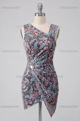 Floral Black Ruched Tight Short Homecoming Dress with Rhinestone
