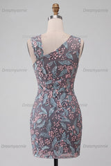 Floral Black Ruched Tight Short Homecoming Dress with Rhinestone