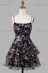 Floral Black Ruffled A Line Tiered Short Homecoming Dress