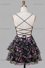 Floral Black Ruffled A Line Tiered Short Homecoming Dress