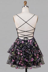 Floral Black Ruffled A Line Tiered Short Homecoming Dress