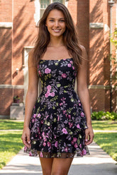Floral Black Ruffled A Line Tiered Short Homecoming Dress