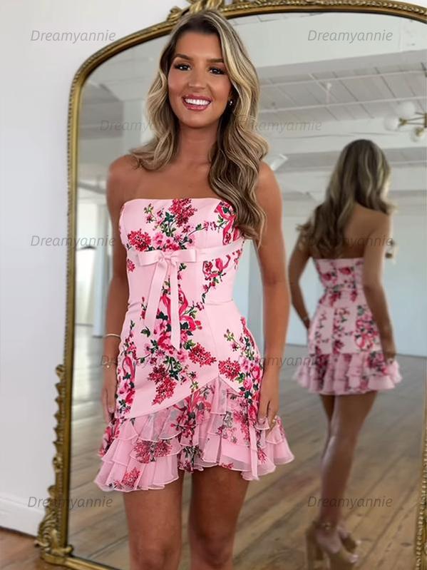 Floral Bodycon Strapless Short Ruffled Homecoming Dress with Bow
