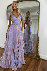 Lilac floral chiffon A-line prom dress with ruffled off-shoulder straps and ruched wrap bodice