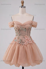 Floral Corset Light Pink A Line Beaded Short Homecoming Dress
