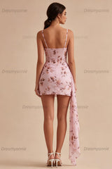Pink Floral Ruched Corset Short Homecoming Dress with Sash