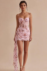 Floral Corset Pink Ruched Tight Short Homecoming Dress with Sash