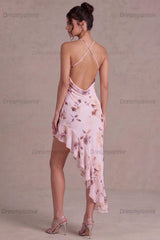 Pink Floral Cowl Neck Asymmetrical Ruffled Homecoming Dress