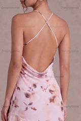 Pink Floral Cowl Neck Asymmetrical Ruffled Homecoming Dress