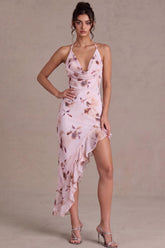 Floral Cowl Neck Asymmetrical Pink Homecoming Dress with Ruffles