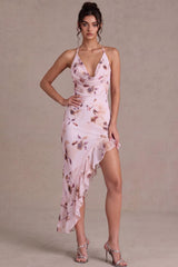 Floral Cowl Neck Asymmetrical Pink Homecoming Dress with Ruffles