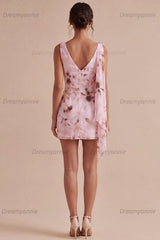 Pink Floral Cowl Neck Ruched Bodycon Short Homecoming Dress with Sash