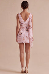 Floral Cowl Neck Pink Ruched Tight Short Homecoming Dress with Sash